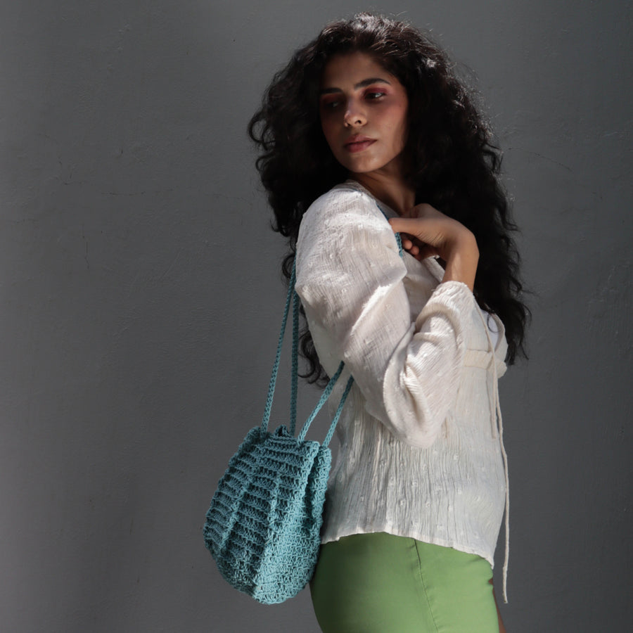 Ash Blue Ribbed Crochet Sling Bag