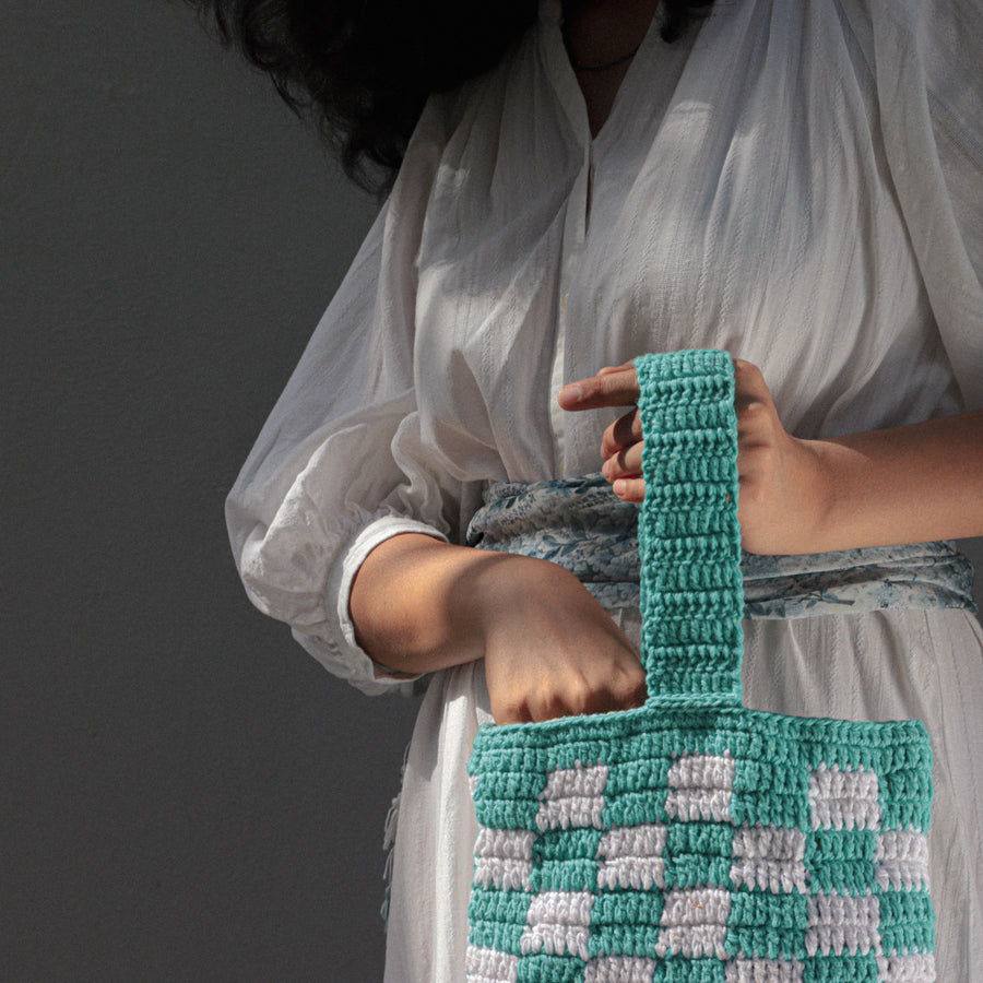 Blue Crochet Checkered Wristlet