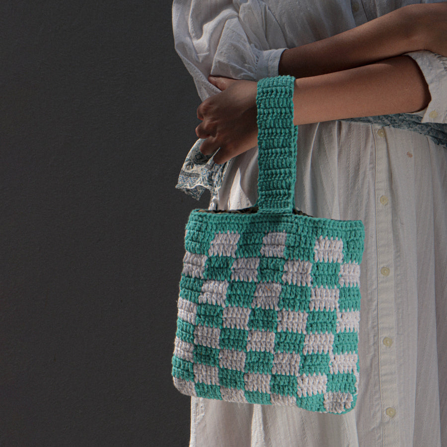 Blue Crochet Checkered Wristlet