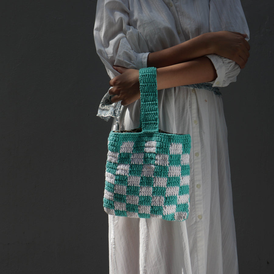 Blue Crochet Checkered Wristlet