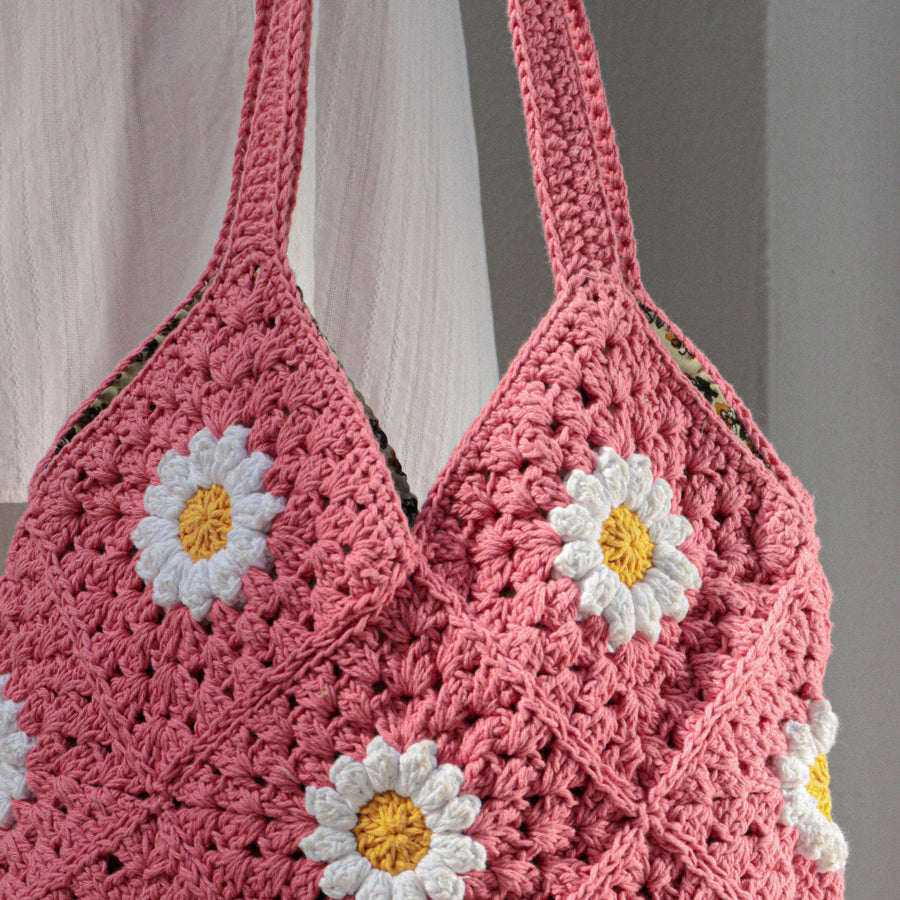 Pink Daisy Hobo Crochet Shoulder Bag