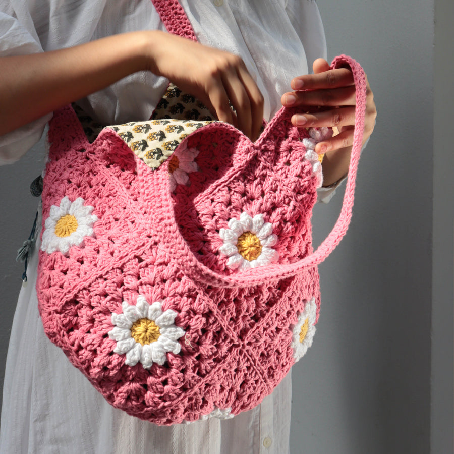 Pink Daisy Hobo Crochet Shoulder Bag