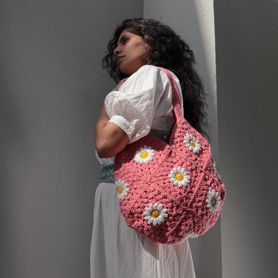 Pink Daisy Hobo Crochet Shoulder Bag