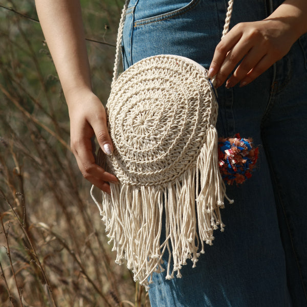 Miniature Round Crochet Bag with Tassels