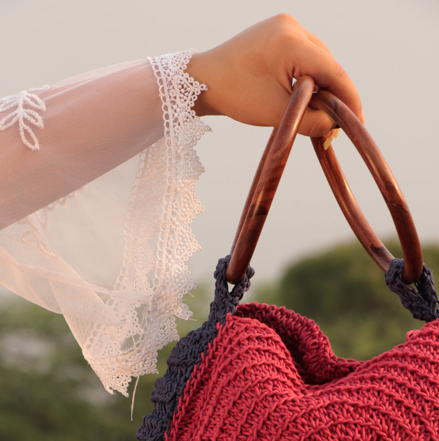 Small Beige Crocheted Top Handle Purse with Wooden Ring Handles Handmade |  eBay